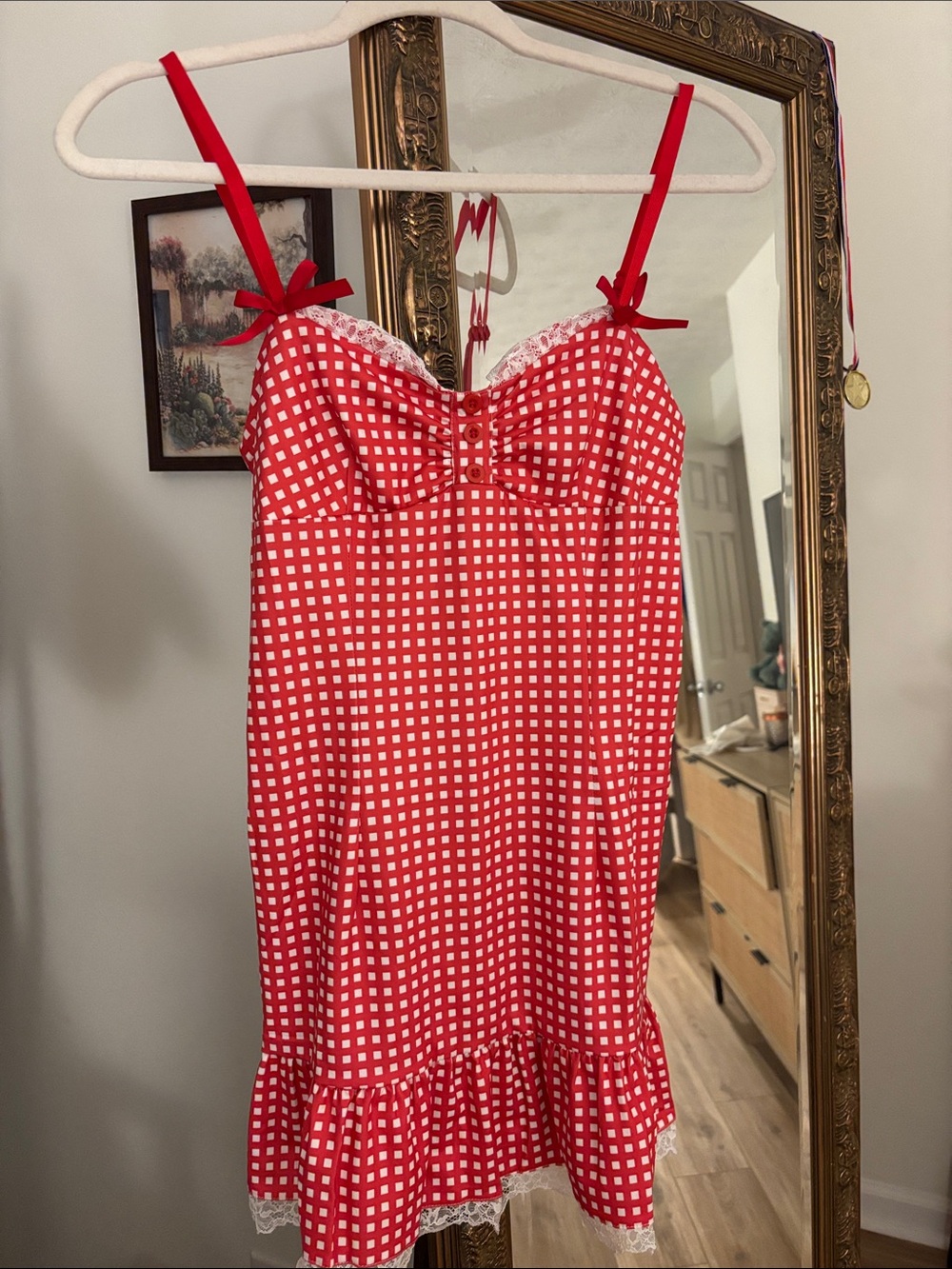 Red and White Gingham Lace Trim Dress